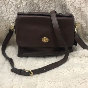 Coach leather purse, long strap, brown, flap top
